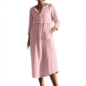 Kadınlar için gündelik elbiseler 2023 düz renkli yarım kollu cep düğmeleri pamuk keten gevşek bayan midi elbise artı boyutu