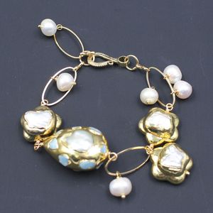 Strand Beaded Strands GuaiGuai Jewelry Blue Larimar Nugget Real Stone Freshwater White Keshi Pearl Bracelet 8" Handmade For Women