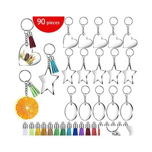 Keychains Lanyards Transparent akrylblankor L￤der tofsar Set Star Heart Circle Discs Key Chain Ring f￶r DIY Crafts Making Kit DHBTL