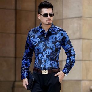 Men's Casual Shirts Fashion Mens Gold Silk Velvet Men Long Sleeve Printed Sexy Slim Fit Soft Comfortable High QualityMen's