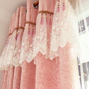 Cortina de alta qualidade Princesa Chenille para o quarto de menina Lace Sheer Tulle Ins Living Room Velvet Rose Janela Drapes