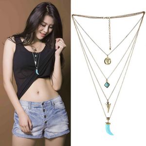 Correntes de moda moeda de pedra azul flecha pingente de flecha charme vintage bohemian collier femme jóias de jóias de várias camadas de colar de ouro cor de ouro