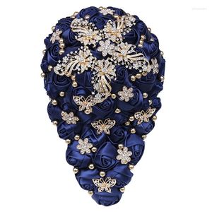 Wedding Flowers Bouquet For Bride Tassal Crystal Golden Pearl Ribbon Rose Navy Blue Customizable DIY Props W308