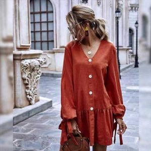 Sıradan Elbiseler Korsan Hippi Gevşek Düğmesi Mini Elbise V-Neck Kollu Kravat Kısa A-Line Boho Fırfır Sonbahar Partisi Vintage Vestidos Chic