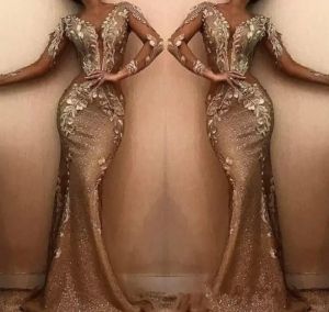 Evening 2023 Dresses Mermaid Sparkly Sequins Long Sleeves Lace Applique V Neck Satin Sweep Train Plus Size Pleats Prom Gown Formal Custom Vestidos estidos