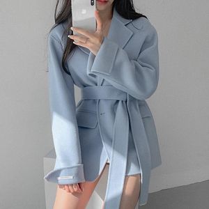 女性ウールブレンド女性ウールジャケット2023韓国のファッションとエレガントなレトロなソリッドカラーラペルワンバックルタイウエストスーツジャケット