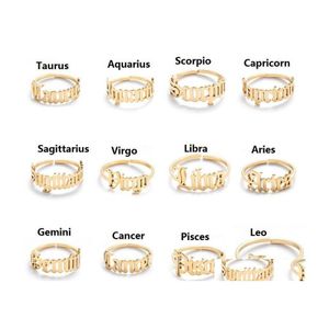 Anelli a fascia Regolabile 12 costellazioni Anello con lettera per donna Apertura da sposa Acciaio inossidabile Dito zodiacale Regalo di gioielli di compleanno Dr Dha0K