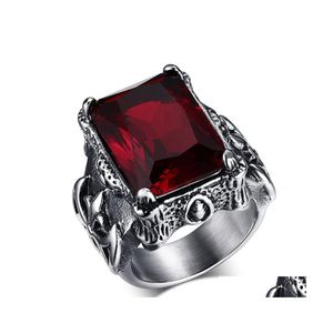 Ringos de cluster góticos vintage rubi pedras de zircão vermelho para homens titânio jóias de aço inoxidável bijoux baguete punk moda dhri2