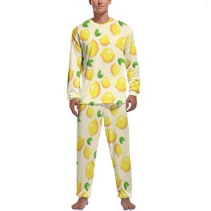 Mäns sömnkläder söt citrontryck pyjamas manlig citrusfrukt kawaii våren långärmad 2 stycken hem grafisk uppsättning