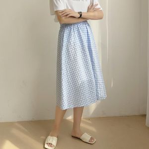 Signe Skirts Cotton Skirt Women Women 2023 Summer High Elastic Waist Plaid a linea Blu Blue Giallo femmina