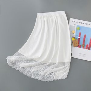 Kvinnors sömnkläder vit bomull icke statisk spetsnät inner kjol mid längd elastisk midja underskjol för klänning höst och vinter botten skett