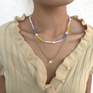 Choker Bohemian Perlen Halsketten Für Frauen 2023 Retro Schmuck Stern Anhänger Aussage Halskette Luxus Doppel-Schicht Zubehör