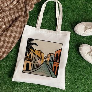 Shopping Bags Beach Tote Shoulder Bag Shoppers White Eco Handbags Summer Linen Febric Art Aesthetic Cartoon Harajuku Teacher HandbagShopping