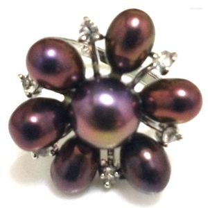 Wedding Rings 8# Black Natural 8-9mm Button Pearl & 6-7mm Rice Flower Ring With Zirconia