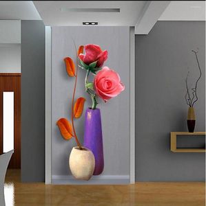 壁紙カスタマイズHD PO 3D壁紙モダンな花瓶ローズフラワーリビングルームベッドルーム入り口廊下背景ドア装飾壁紙