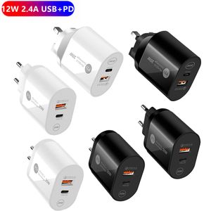 Carregador USB PD 12 W Adaptador tipo C rápido QC 3.0 Carregamento rápido Adaptador de carregadores de parede para celular Acessório para celular Plugue UE/EUA