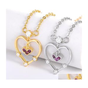 Hänge halsband Dainty Simple Double Hearthaped Necklace Exquisite Crystal Zircon rostfritt stålkedja Womens Wedding Jewelry Dr Dhibp