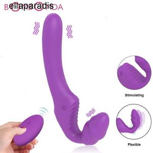 Massaggiatore per giocattoli sessuali Lesbiche senza spalline Strapon Doppio vibratore per dildo per adulti Donne Strap on Pene Telecomando Vagina femminile