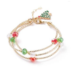 Link Bracelets Kissitty 5Pcs Colorful Glass Brass Tube Beaded Multi-strand Bracelet Alloy Christmas Trees Charm Triple Layer For Women