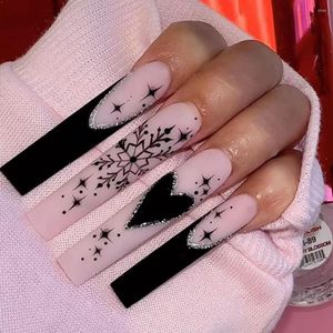 False Nails 24st Black French Long Ballerina With Love Heart Star Snowflakes Design Wearable Acrylic Fake Fingernail Tips