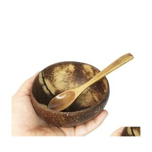 Bowls 1215Cm Natural Coconut Bowl Set Wooden Salad Ramen Wood Spoon Coco Smoothie Kitchen Tableware Drop Delivery Home Garden Dining Dho5W