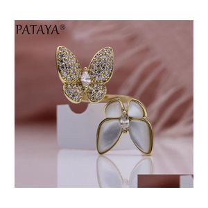 Bracelets de charme Pataya Double Butterfly Up Open 585 Rose Gold Horse Horse Eye Natural Zircon J￳ias Branco Mulheres Mulheres Rin Dhqqe