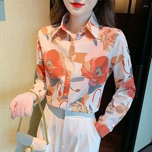 女性用ブラウスサマーブラウス長袖トップレミス衣服韓国ファッションポロシャツシフォンオフィスレディープリンティングルーズボウタイMovafag