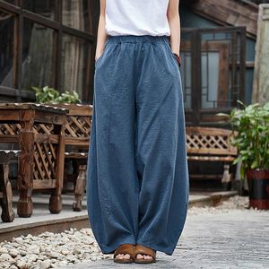 Kadın Pantolon Capris Casual Style Pamuk Keten Kadınlar 2023 İlkbahar Yaz Elastik Bel Düz Renk Vintage Geniş Bacak