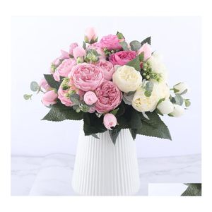 Decorative Flowers Wreaths 30Cm Rose Pink Silk Peony Artificial Bouquet 5 Big Head And 4 Bud Fake For Home Wedding Decoration Indo Dho7X