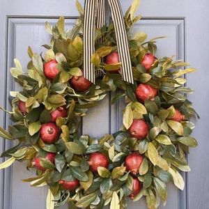 Decorative Flowers 45cm Autumn Wreath Artificial Green Plants Pomegranate Fruit Door Hanging Thanksgiving Christmas Decoration