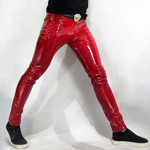 Men's Pants S-6XL!!Same Red Super Bright Tight Mirror Leather Stretch PU Sexy Nightclub Male Model Performance Clothing