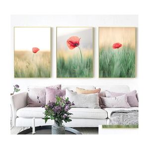 Dipinti Prateria in fiore Fiori rossi Paesaggio Wall Art Canvas Painting Poster nordici Stampe Immagini per vivere Home Decoratio Dhibe