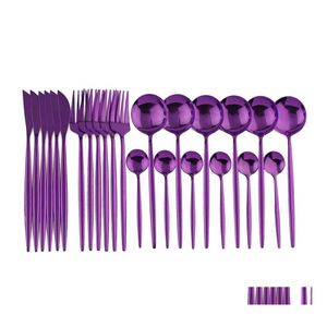 Dinnerware Sets 24Pcs Purple Mirror 304 Stainless Steel Set Knife Fork Spoon Tableware Cutlery Western Dinner Flatware Sierware Drop Dhjrg