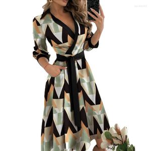 Casual Dresses V-ringning Sashes A-Line Midi Ladies Diamond Print Pocket Long Sleeve Wrap Summer Dress Elegant Party Vestidos