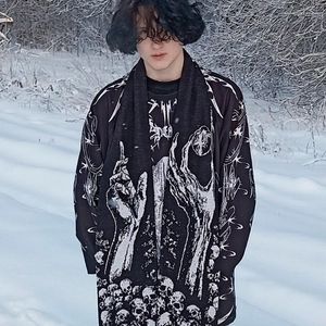 Halsdukar mörka vintage skelettmönster jacquard svart stickat mäns sjal amerikansk mode y2k hip hop rock punk streetwear scarf