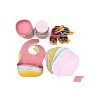 Bestecksets Baby Sile Lätzchen Geteilter Speiseteller Saugnapf Schüssel Löffel Gabel Tasse Set Training Füttern Lebensmittel Utensilien Geschirr Geschirr Kit Dhukf