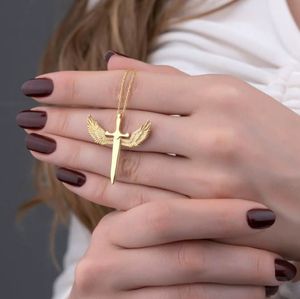 New Fashion Christianit Cross Angel Wings Sword Stainless Steel Pendant Necklace For Women Long Chain Necklace Jewelry Gifts