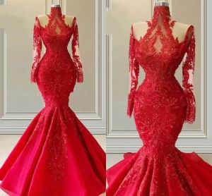 Red Mermaid Prom Dresses Designer paljetter Lace Applique High Neck Long ärmar Custom Made Evening Gown Formal OCN Wear Vestidos Plus Size