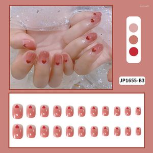 Falska naglar Fake Short Round Pink Gradient Love Nail Stickers slutade 24 med lim STTX889