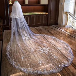 Bridal Veils Nzuk Romantic 4m Wedding Veil Cathedral Två lager spetsar applicerade länge med kamkvinna gifta sig med gåvor tillbehör