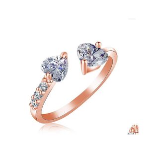 Fedi nuziali regolabili per le donne Doppio cuore Zircone 3 colori Anello per dito aperto Proposta Regalo Gioielli di moda Kar353 Drop Delivery Dhnfy