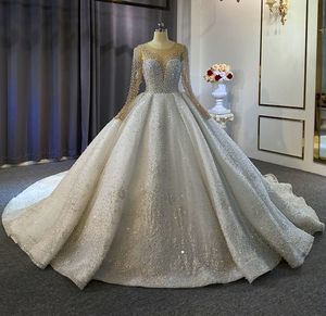 Luxury Ball Gown Wedding Dresses 2023 Pearls Beads Long Illusion Sleeve Bridal Gowns Arabic Dubai Muslim Sequined Robe De Mariage Custom Made