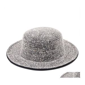 Skąpy brzeg kapelusze luksusowe rhinestone płaskie fedorowie czuł się fedora kapelusz kobiet kobiet mężczyzn Bling szerokie czapki czapki zimowe hurtowe dro dh2dx