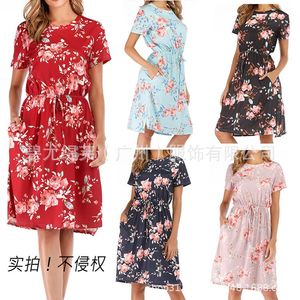 Casual Dresses Dress Women Summer 2023 Draw String Midja Få blommig tryck Kort ärm Knälängd Vestidos BYT1963CASUAL