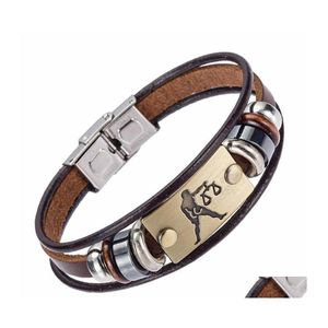 Charm Bracelets Europe Fashion 12 Zodiac Signs Bracelet With Stainless Steel Clasp Leather For Men Drop Delivery Jewelry Dhqix