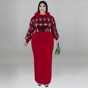 Plus Size Klänningar 2023 Solida paljetter Mager lång klänning Feststil Rundhalspanel Ullärm Elegant dam