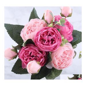 Ghirlande di fiori decorativi 30 cm Bouquet artificiale di peonia di seta rosa rosa 5 teste grandi e 4 boccioli finti per la decorazione domestica di nozze Indo Dhfqd