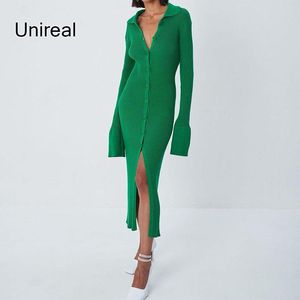 Abiti casual Unireal 2023 Autunno Donna Abito lavorato a maglia Con spacco Sexy Aderente Verde Causual Confortevole manica lunga Elegante femminile