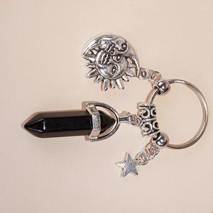 Keychains Natural Stone Hexagonal Pary Keychain Women Quartz Key Chains With Sun Moon Trinket Wedding Party Lover Gift