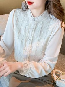 Women's Blouses QOERLIN Elegant Lace Patchwork Beige Shirts 2023 Long Sleeve Button Up Shirt Korean Style Solid Design Hollow Out Cuff Tops